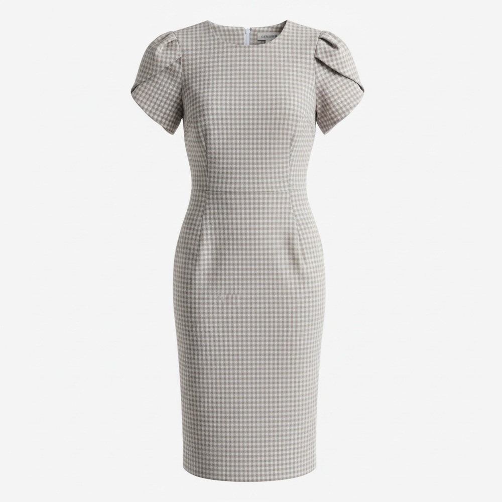 Calvin Klein Beige Gingham Puff Sleeve Sheath Dress